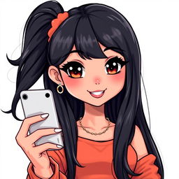 Anime-style drawing of a Latina girl with black hair, taking a selfie