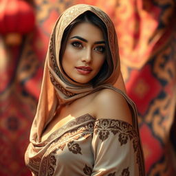 A beautiful and elegant Pakistani woman with an alluring, curvy figure, wearing an intricately designed hijab