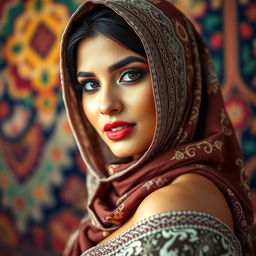 A beautiful and elegant Pakistani woman with an alluring, curvy figure, wearing an intricately designed hijab