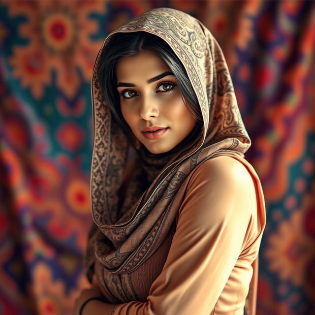 A beautiful and elegant Pakistani woman with an alluring, curvy figure, wearing an intricately designed hijab