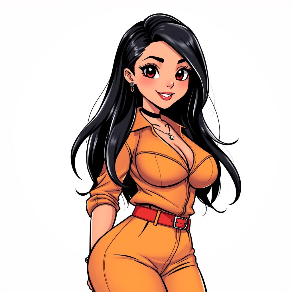 Anime-style drawing of a Latina girl with black hair, highlighting her voluptuous figure