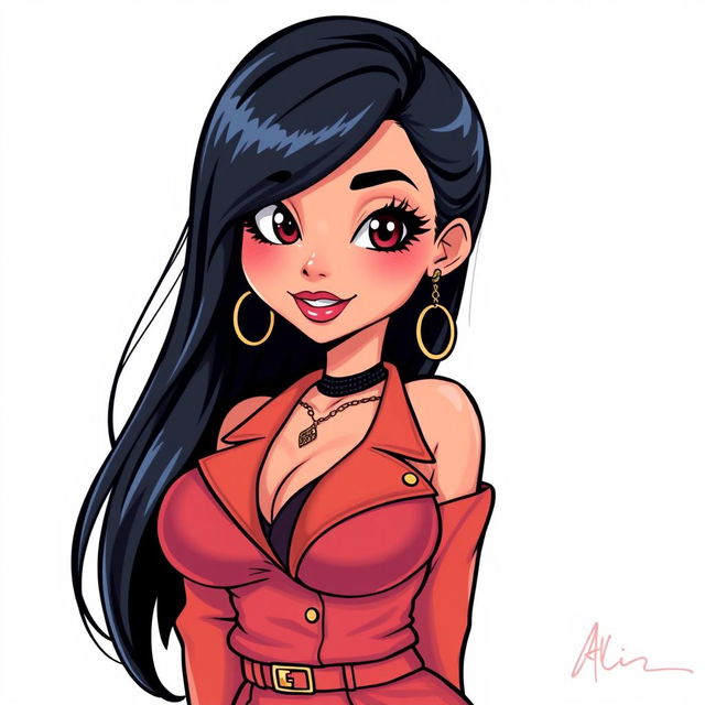 Anime-style drawing of a Latina girl with black hair, highlighting her voluptuous figure