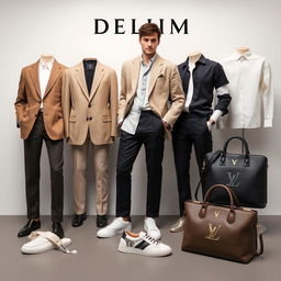 A fashionable and sophisticated showcase of clothing, shoes, and bags featuring the Delimi logo