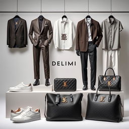 A fashionable and sophisticated showcase of clothing, shoes, and bags featuring the Delimi logo