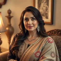 A confident and elegant Pakistani woman exuding sophistication, her mature beauty emphasized by her graceful poise and alluring charisma