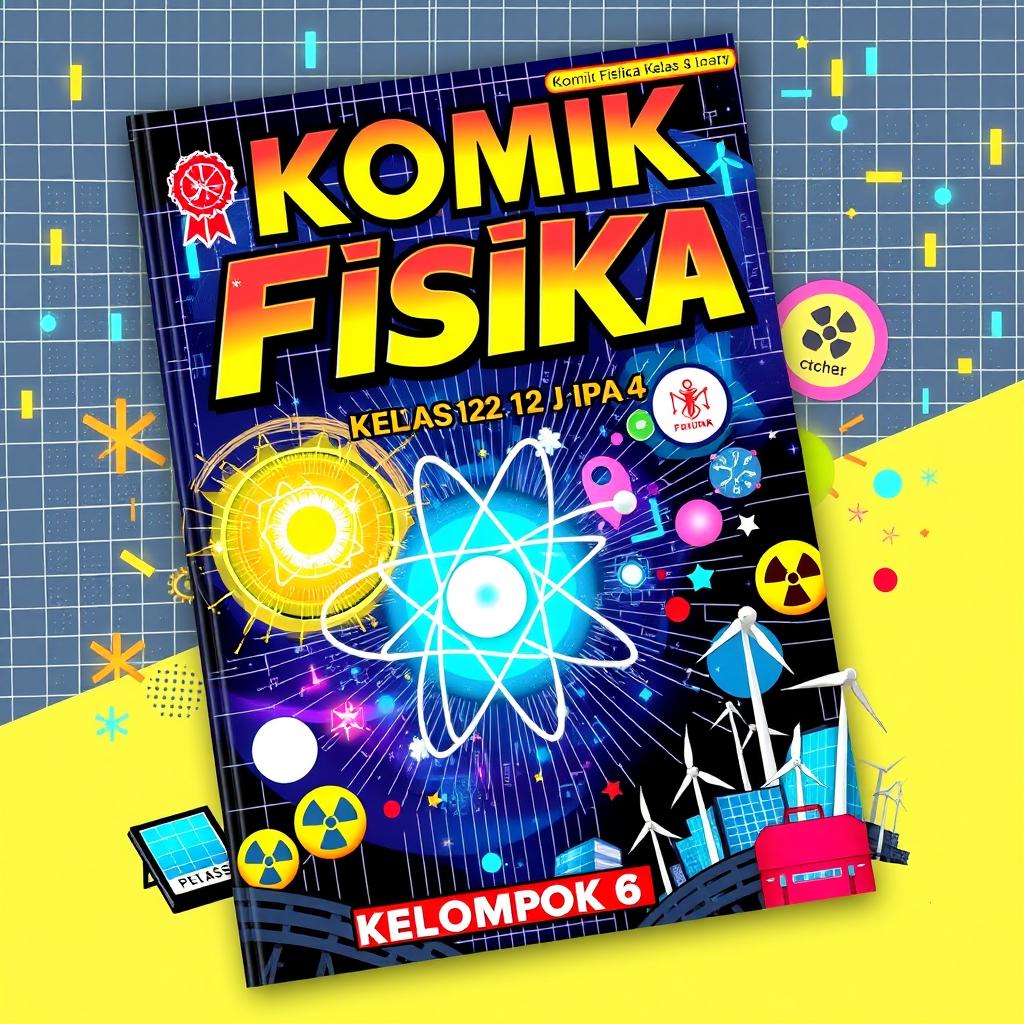 a captivating comic book cover showcasing the themes of digital technology, atomic nucleus, radioactivity, and energy sources