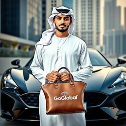 A young man wearing a traditional Arab thobe and keffiyeh, standing confidently in front of a sleek sports car