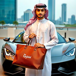 A young man wearing a traditional Arab thobe and keffiyeh, standing confidently in front of a sleek sports car