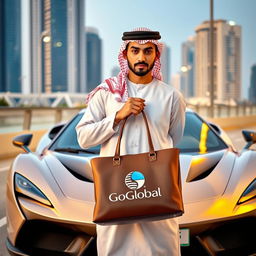 A young man wearing a traditional Arab thobe and keffiyeh, standing confidently in front of a sleek sports car