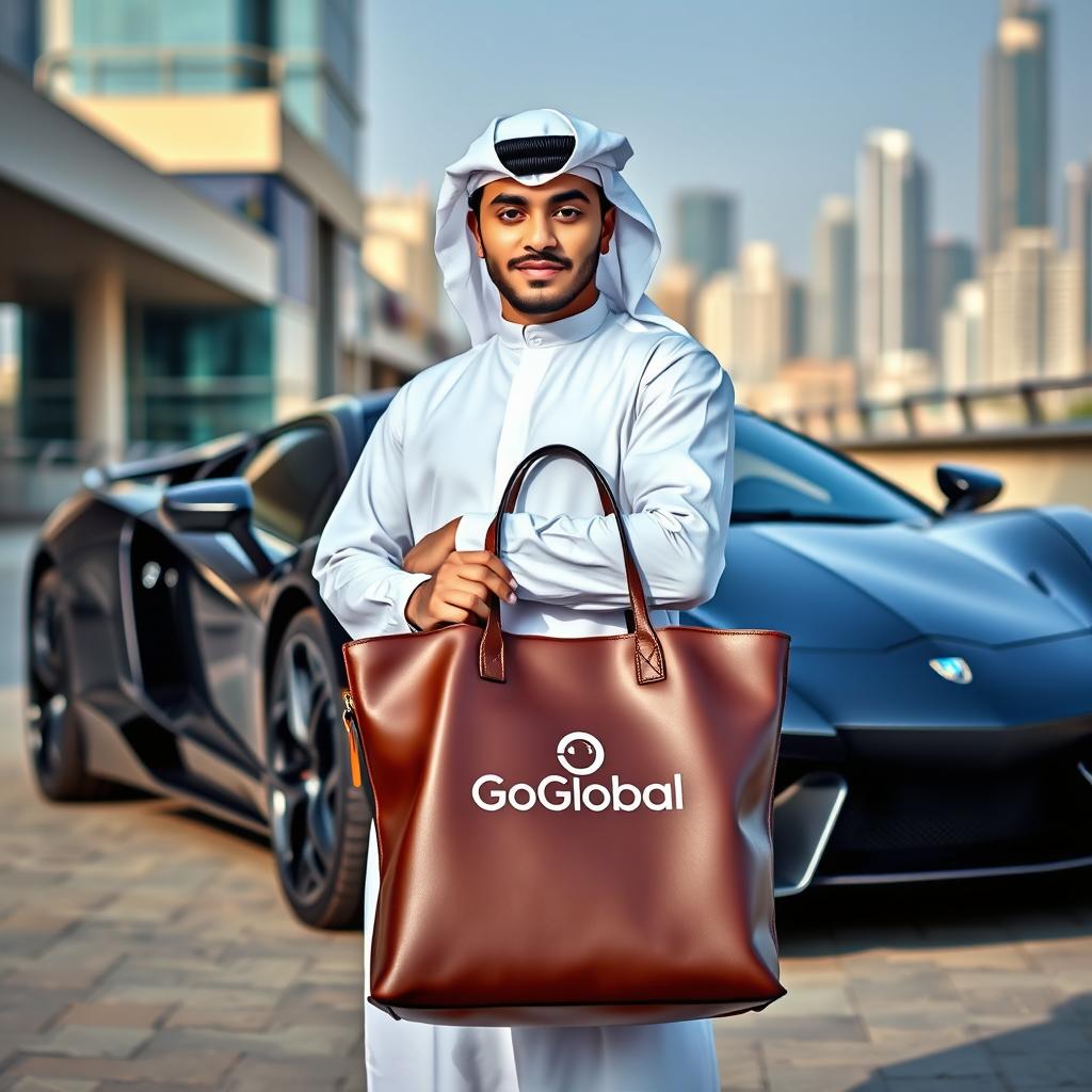 A young man wearing a traditional Arab thobe and keffiyeh, standing confidently in front of a sleek sports car