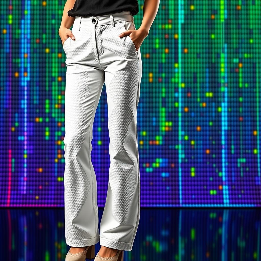 A pair of stylish pixelated white pants, showcasing detailed textures and a modern design, set against a contrasting colorful digital background