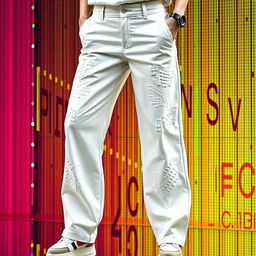 A pair of stylish pixelated white pants, showcasing detailed textures and a modern design, set against a contrasting colorful digital background