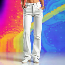 A pair of stylish pixelated white pants, showcasing detailed textures and a modern design, set against a contrasting colorful digital background