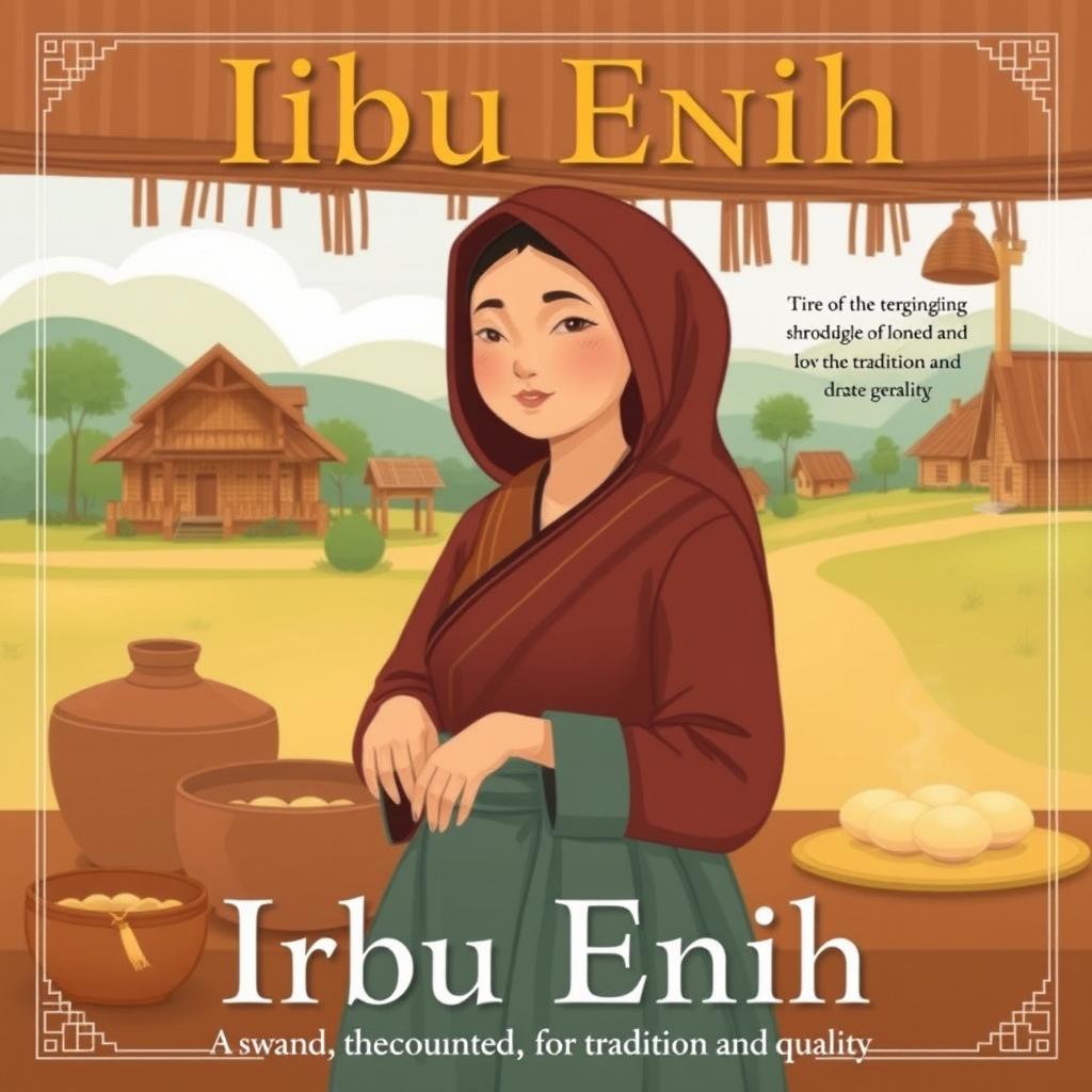 Illustration of Ibu Enih in a traditional kitchen setting, with a serene village background