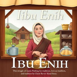 Illustration of Ibu Enih in a traditional kitchen setting, with a serene village background