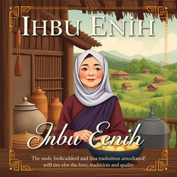 Illustration of Ibu Enih in a traditional kitchen setting, with a serene village background