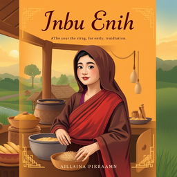 Illustration of Ibu Enih in a traditional kitchen setting, with a serene village background