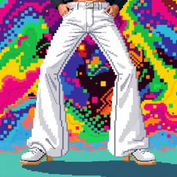 A pixelated digital artwork depicting stylish white pants, captured in meticulous pixel detail