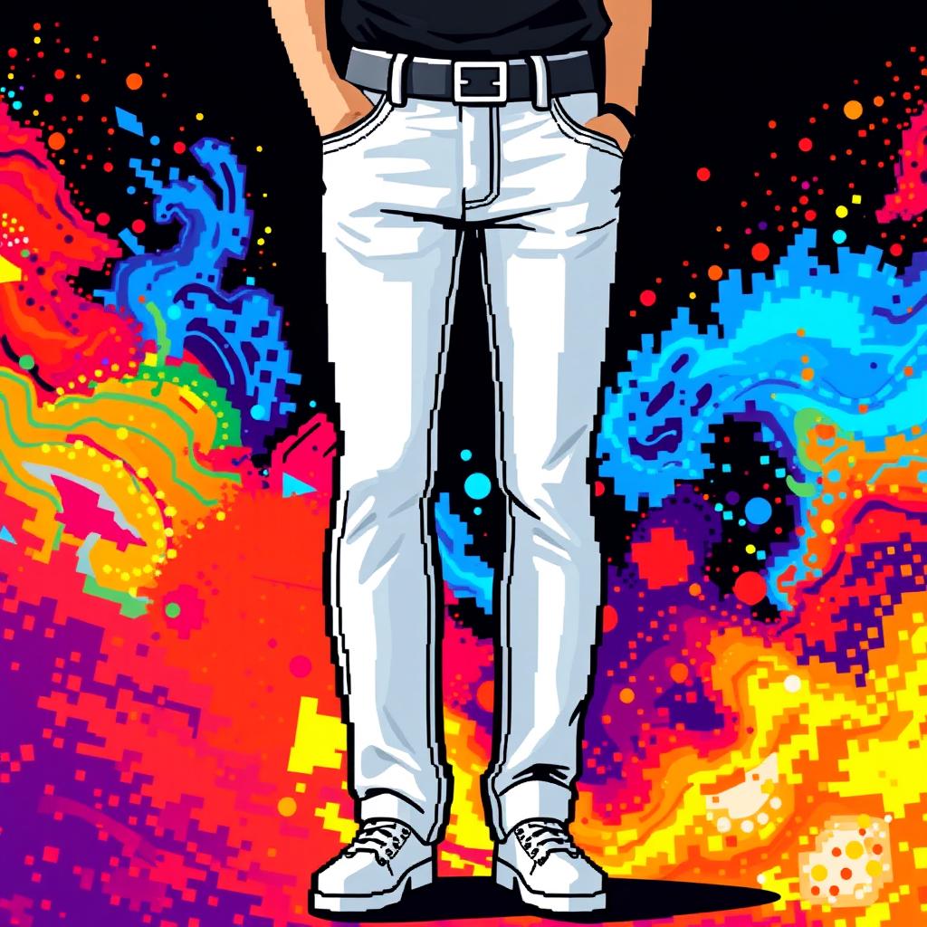 A pixelated digital artwork depicting stylish white pants, captured in meticulous pixel detail