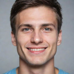 The face of a typical young man, with a gentle smile, caring eyes and a strong jawline. Personal features are open for interpretation without specific details provided.