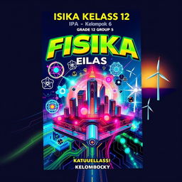 A comic book cover designed for a Grade 12 Science class (IPA 4, Group 6) with the title 'Fisika Kelas 12'