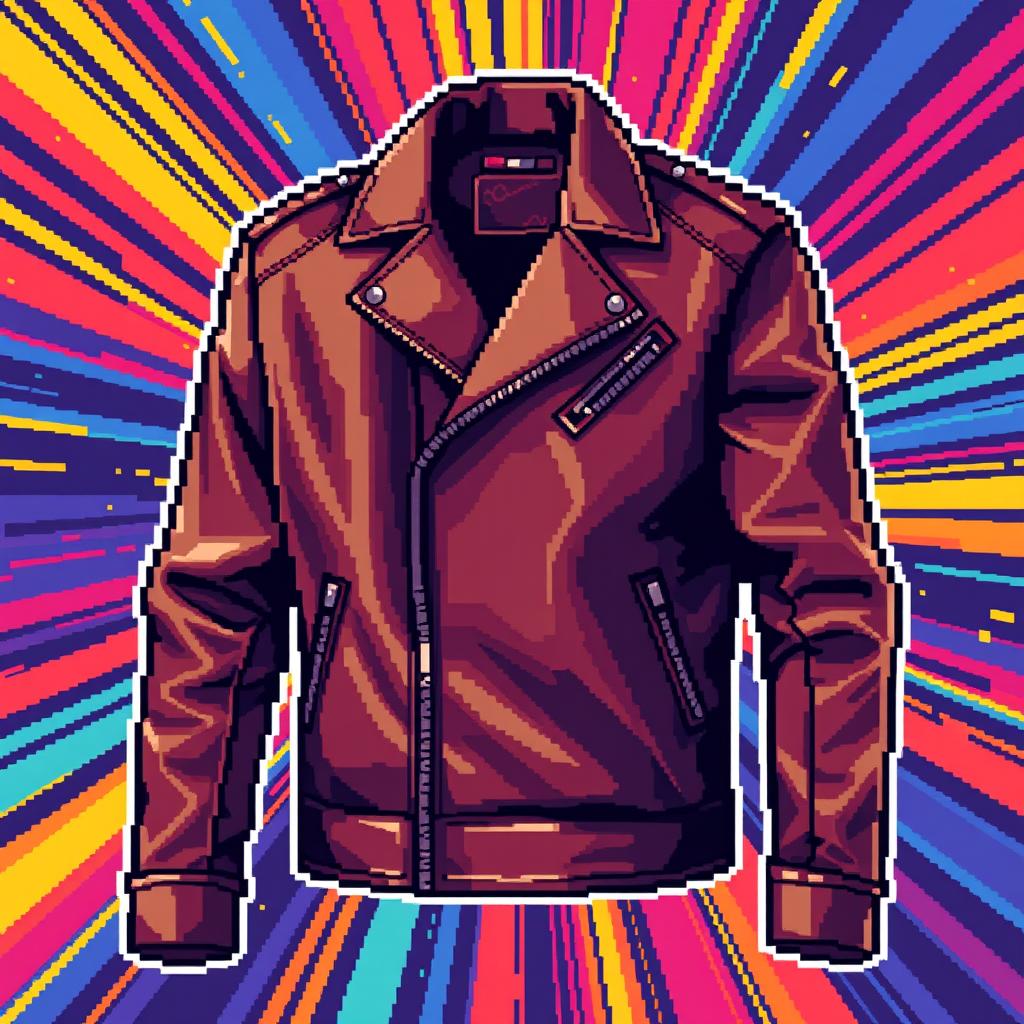 A pixelated digital artwork featuring a sleek leather jacket, captured with intricate pixel detail