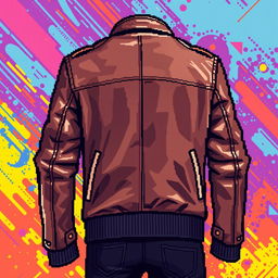 A pixelated digital artwork featuring a sleek leather jacket, captured with intricate pixel detail