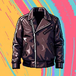 A pixelated digital artwork featuring a sleek leather jacket, captured with intricate pixel detail