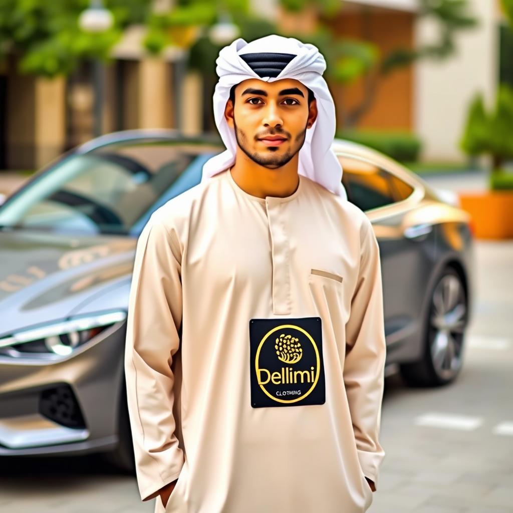 A young man wearing a traditional Arab attire, including a thobe and keffiyeh, adorned with a logo of the clothing brand 'Delimi'