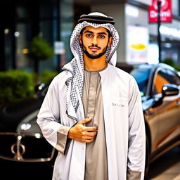 A young man wearing a traditional Arab attire, including a thobe and keffiyeh, adorned with a logo of the clothing brand 'Delimi'