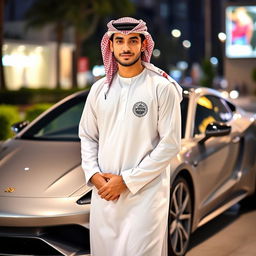 A young man wearing a traditional Arab attire, including a thobe and keffiyeh, adorned with a logo of the clothing brand 'Delimi'