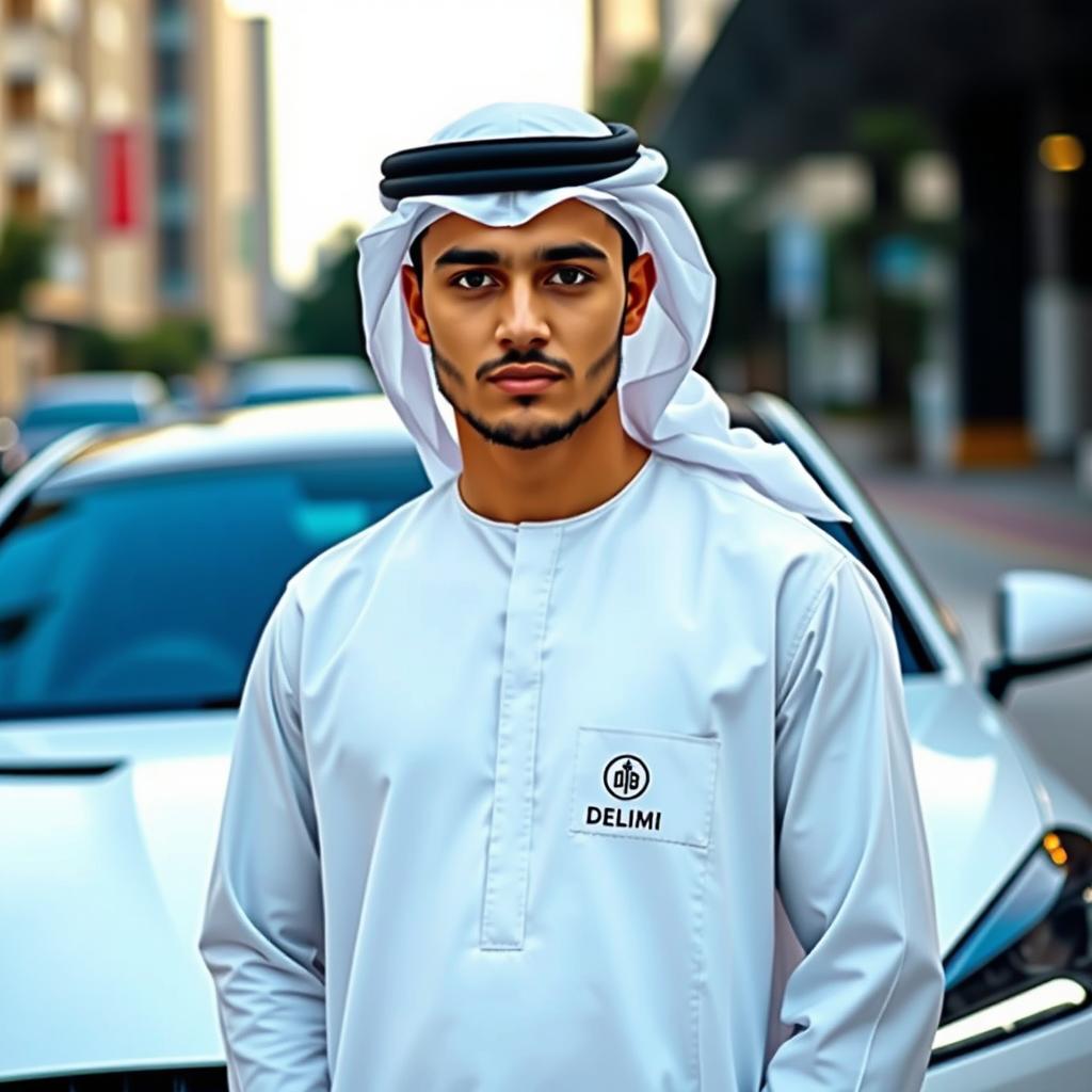 A young man wearing a traditional Arab attire, including a thobe and keffiyeh, adorned with a logo of the clothing brand 'Delimi'