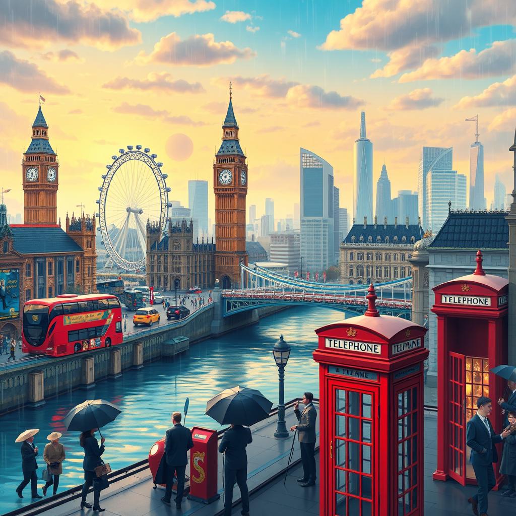 A vibrant and lively animated depiction of London cityscape, featuring iconic landmarks such as the Big Ben, London Eye, and Tower Bridge