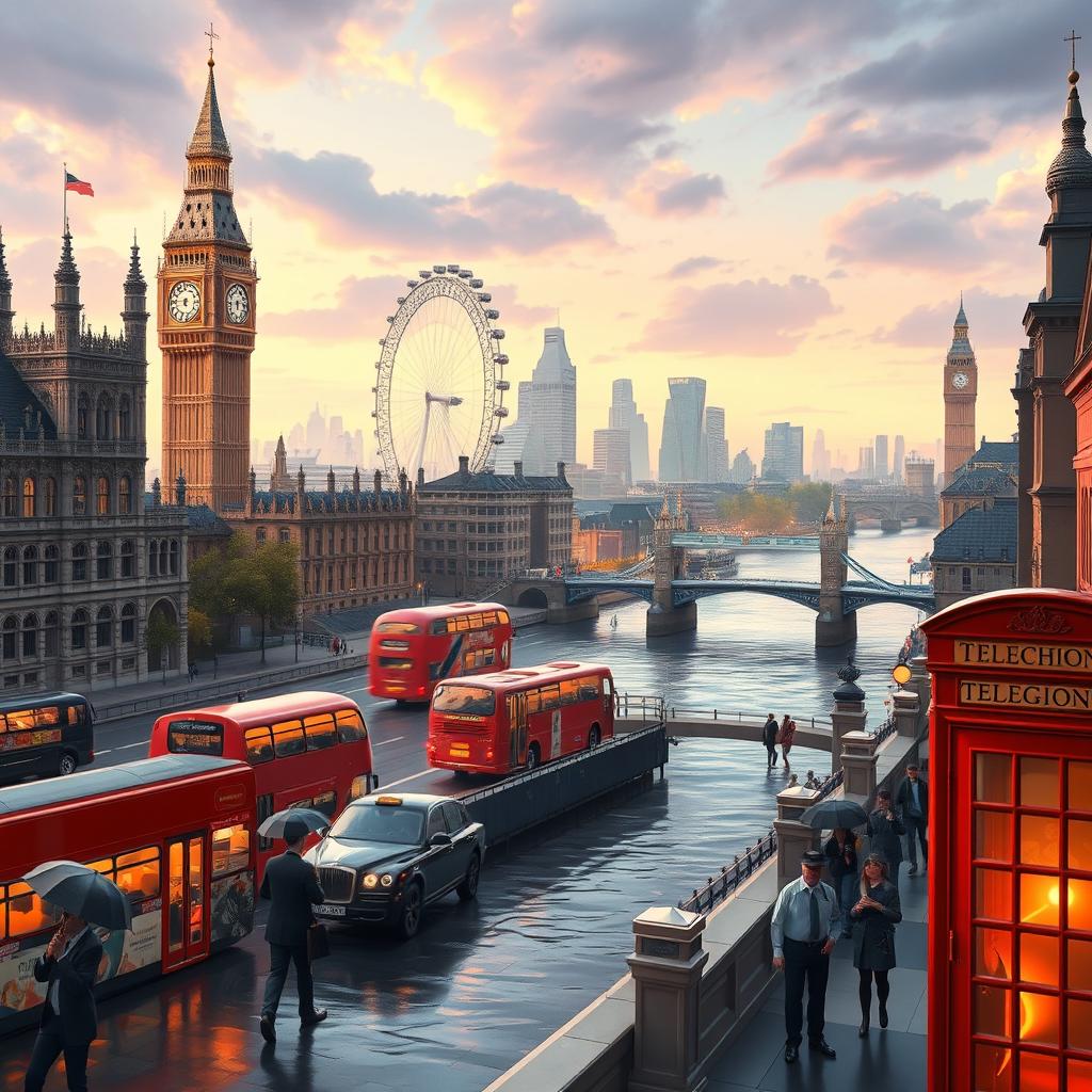 A vibrant and lively animated depiction of London cityscape, featuring iconic landmarks such as the Big Ben, London Eye, and Tower Bridge