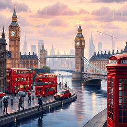 A vibrant and lively animated depiction of London cityscape, featuring iconic landmarks such as the Big Ben, London Eye, and Tower Bridge