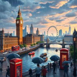 A vibrant and lively animated depiction of London cityscape, featuring iconic landmarks such as the Big Ben, London Eye, and Tower Bridge