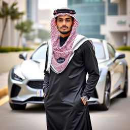 A young man wearing an Arab outfit, complete with a traditional shemagh that has the Dalimi clothing brand logo stylishly integrated into the fabric