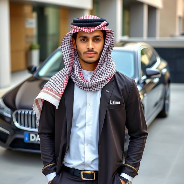 A young man wearing an Arab outfit, complete with a traditional shemagh that has the Dalimi clothing brand logo stylishly integrated into the fabric