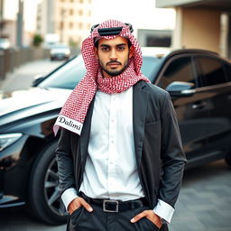 A young man wearing an Arab outfit, complete with a traditional shemagh that has the Dalimi clothing brand logo stylishly integrated into the fabric