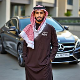 A young man wearing an Arab outfit, complete with a traditional shemagh that has the Dalimi clothing brand logo stylishly integrated into the fabric