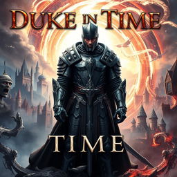 a captivating book cover for a title "Duke in Time", blending genres of action science fiction, historical fantasy, and time travel