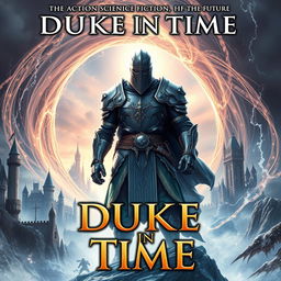 a captivating book cover for a title "Duke in Time", blending genres of action science fiction, historical fantasy, and time travel