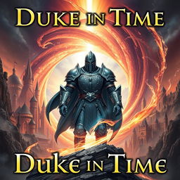 a captivating book cover for a title "Duke in Time", blending genres of action science fiction, historical fantasy, and time travel