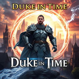 a captivating book cover for a title "Duke in Time", blending genres of action science fiction, historical fantasy, and time travel