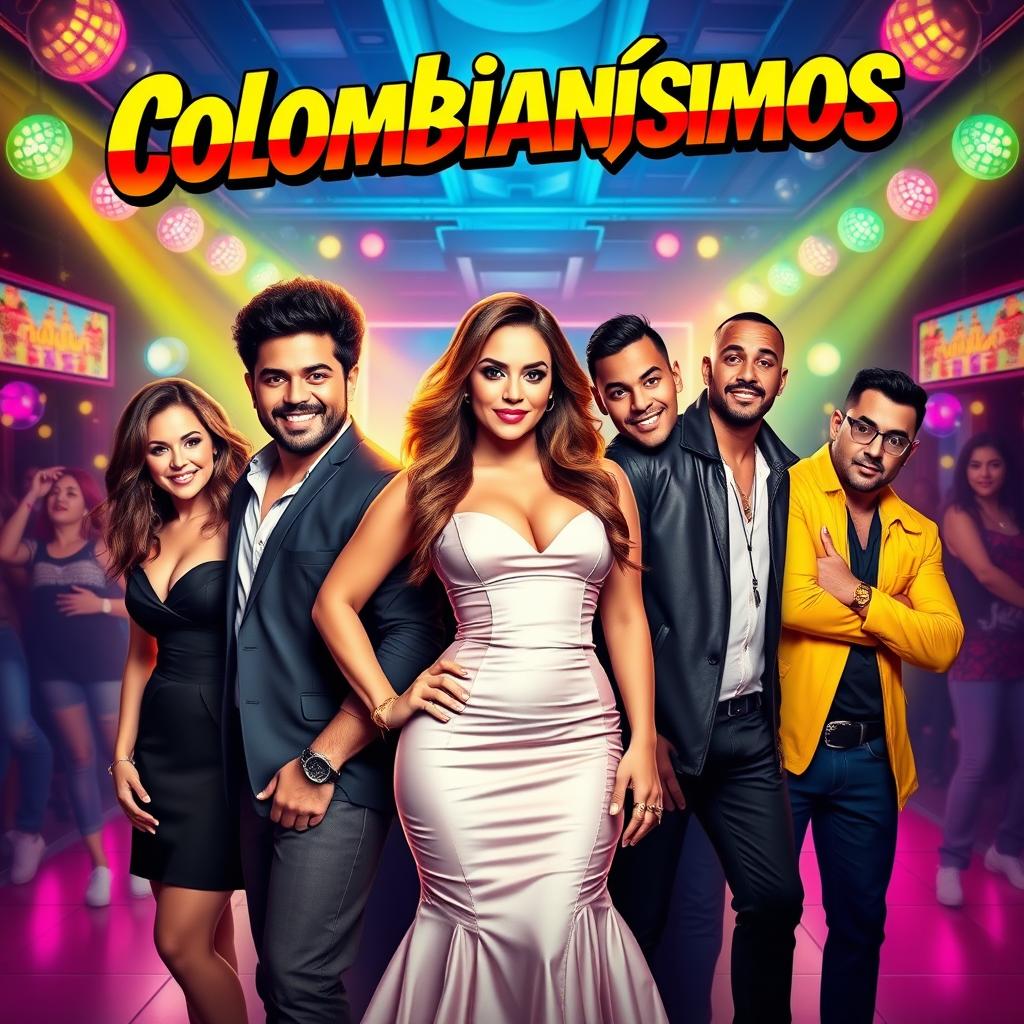 A vibrant movie poster for a Colombian film about a birthday party in a nightclub, featuring Sofia Vergara, El Pibe Valderrama, Feid, Karol G, and James Rodriguez