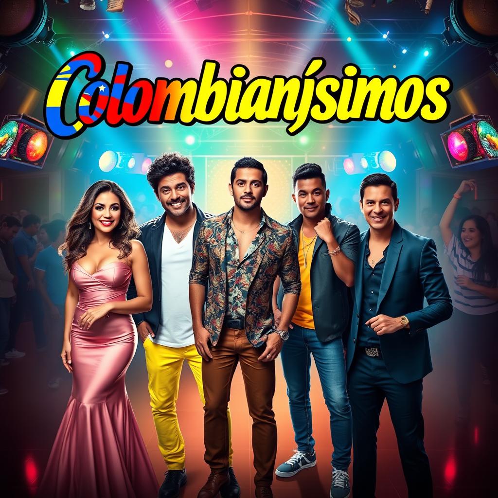 A vibrant movie poster for a Colombian film about a birthday party in a nightclub, featuring Sofia Vergara, El Pibe Valderrama, Feid, Karol G, and James Rodriguez