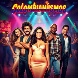 A vibrant movie poster for a Colombian film about a birthday party in a nightclub, featuring Sofia Vergara, El Pibe Valderrama, Feid, Karol G, and James Rodriguez