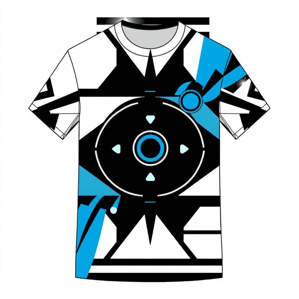 A modern t-shirt design featuring a geometric pattern with bold, contrasting colors