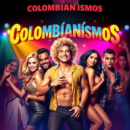 A dazzling movie poster for a Colombian film about a birthday party in a nightclub, featuring renowned Colombian celebrities Sofia Vergara, El Pibe Valderrama, Feid, Karol G, and James Rodriguez