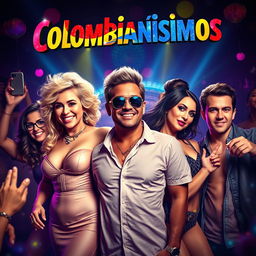 A dazzling movie poster for a Colombian film about a birthday party in a nightclub, featuring renowned Colombian celebrities Sofia Vergara, El Pibe Valderrama, Feid, Karol G, and James Rodriguez